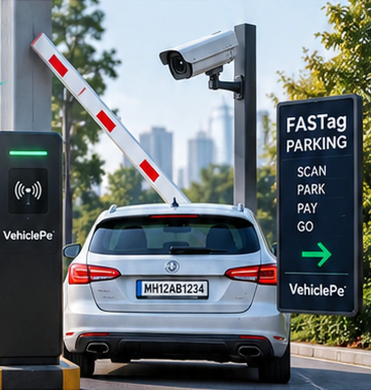 Illustrative smart parking lane with a vehicle, barrier and reader